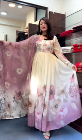 Elegant Pastel Floral Anarkali Gown With Matching Dupatta And Pant