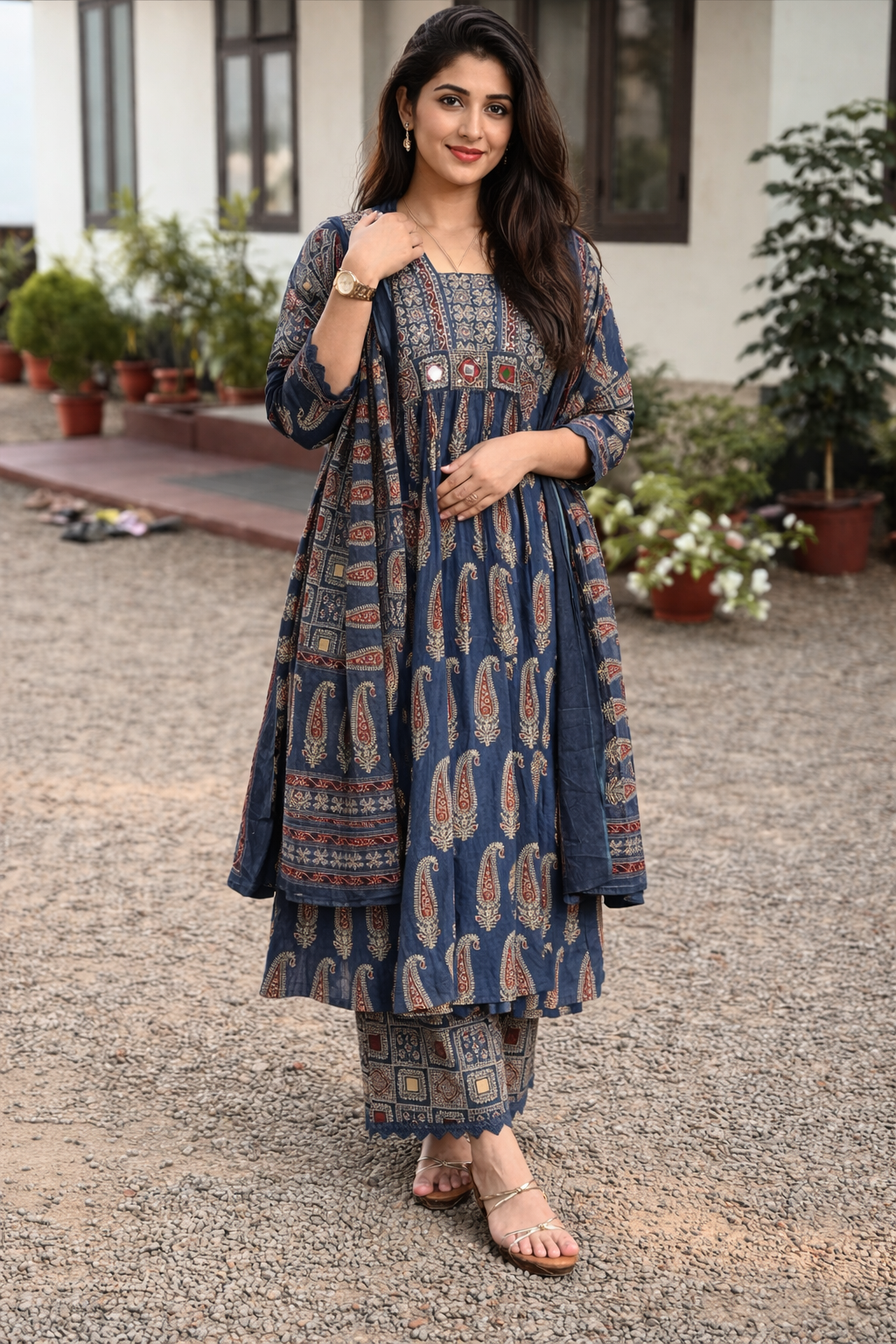 Elegant Blue Printed Cotton Kurta Set with Dupatta