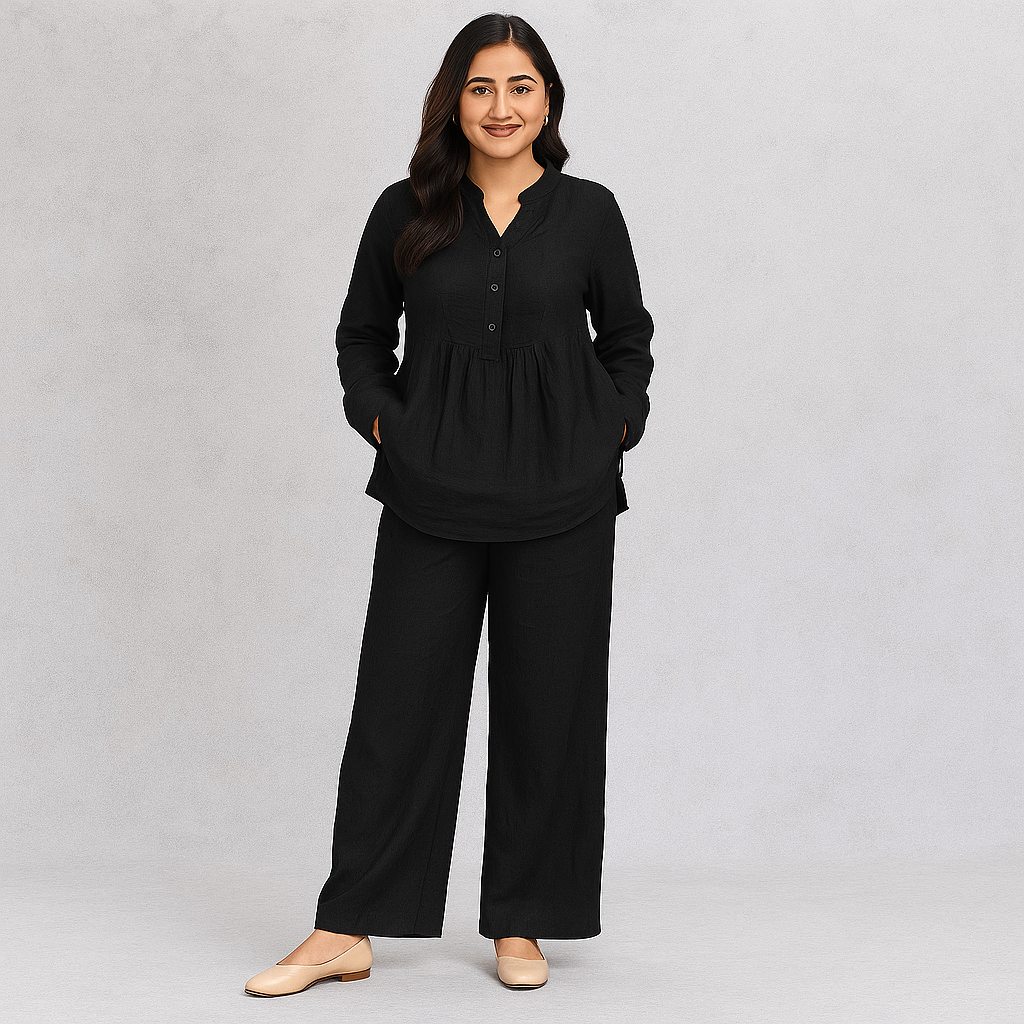 Women Cotton V-neck Two-piece Suit