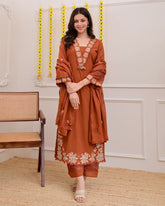 Brown Rose Embroidered Work Cotton Suit