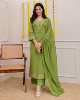 Green Rose Embroidered Work Cotton Suit