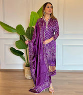 Purple Bandhani Print Embroidered Suit Set