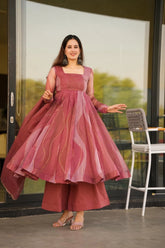 Wine Organza Anarkali Kurta Set with Dupatta