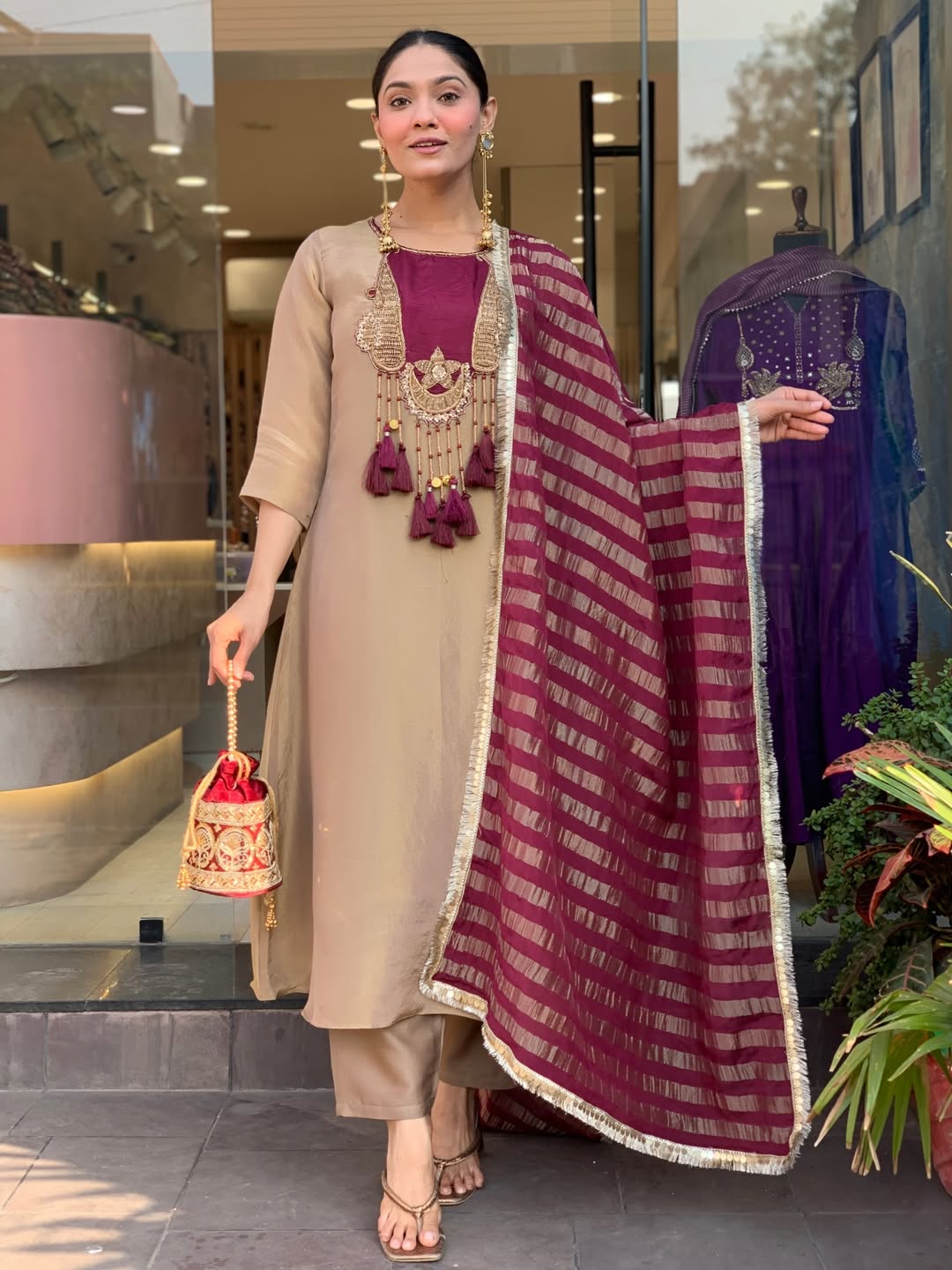 Elegant Beige & Wine Embroidered Kurta Pant Set with Striped Dupatta for Women