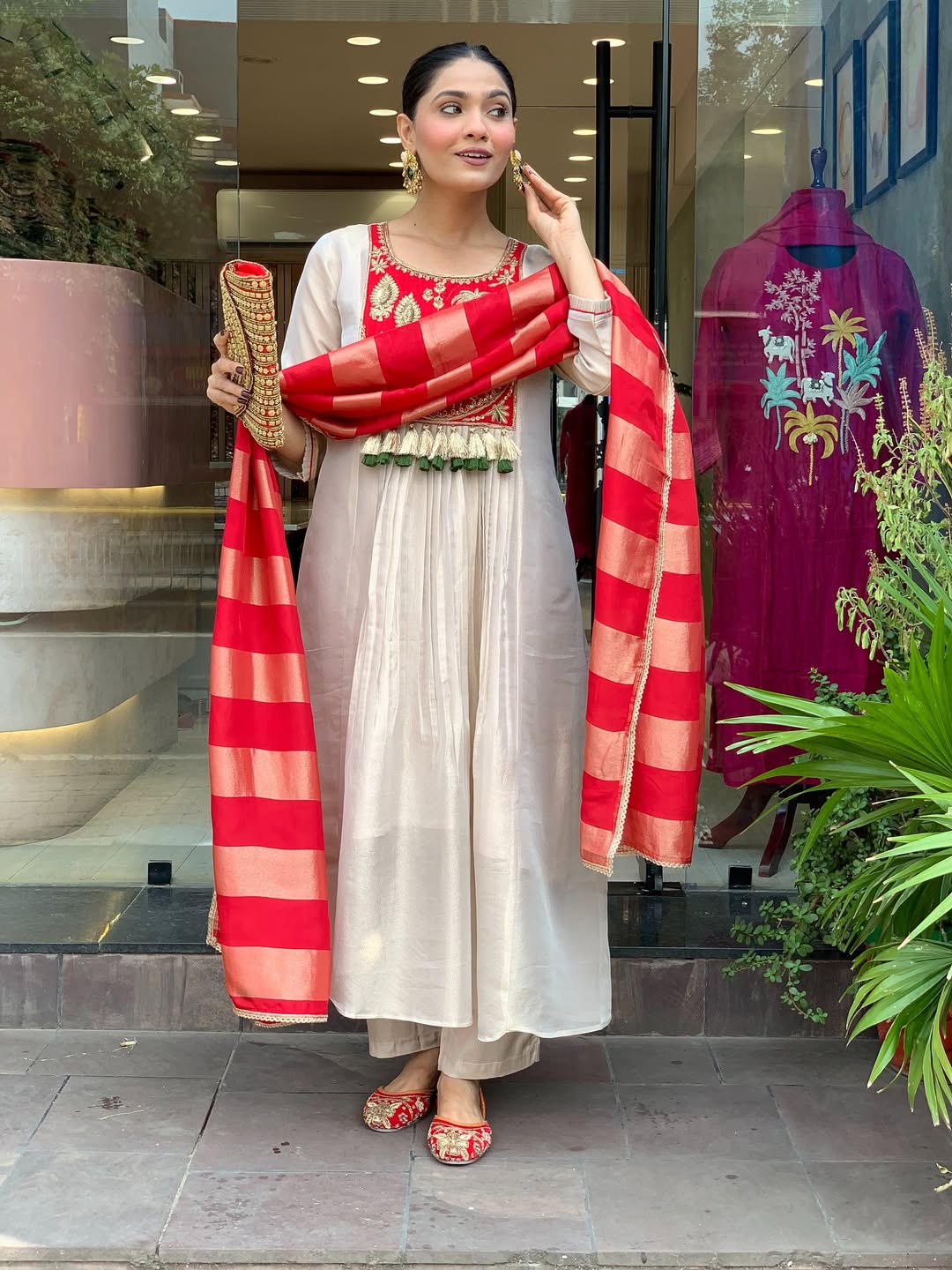 Red & Ivory Embroidered Anarkali Suit Set with Striped Tissue Dupatta