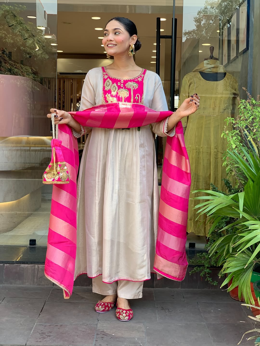 Pink & Ivory Embroidered Anarkali Suit Set with Striped Tissue Dupatta