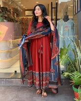 Rust Red Anarkali Cotton Kurti Set with Printed Dupatta