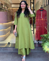 Green Solid Cotton Kurti with Palazzo Set