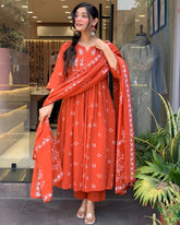 Rust Orange Handblock Printed Cotton Anarkali Kurta with Dupatta