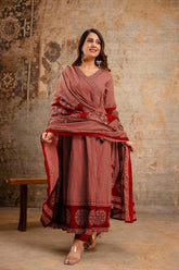 Red Heavy Look Flaired Kurti Work On V-Neck Cotton Kurti Pant Dupatta Salwar Kameez For Women (Set Of 3)