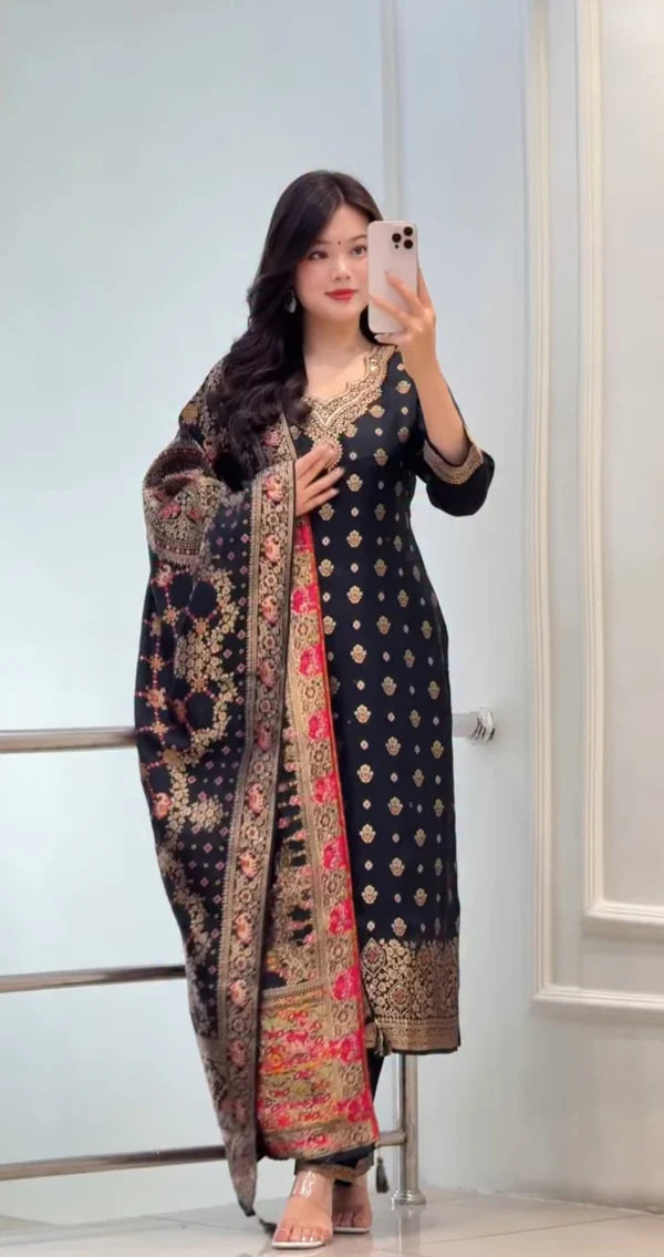 Black Banarasi Silk Blend Embroidered Kurta Pant Set with Dupatta for Women
