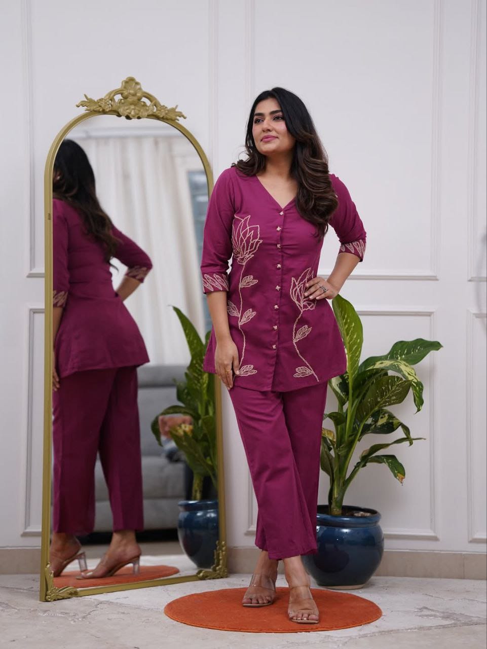 Women’s Purple Embroidered Cotton Blend Kurti Pant Co-Ord Set