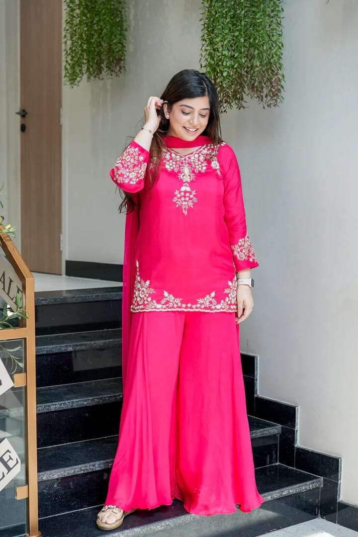 Women’s Rani Pink Embroidered Kurta Palazzo Set with Dupatta