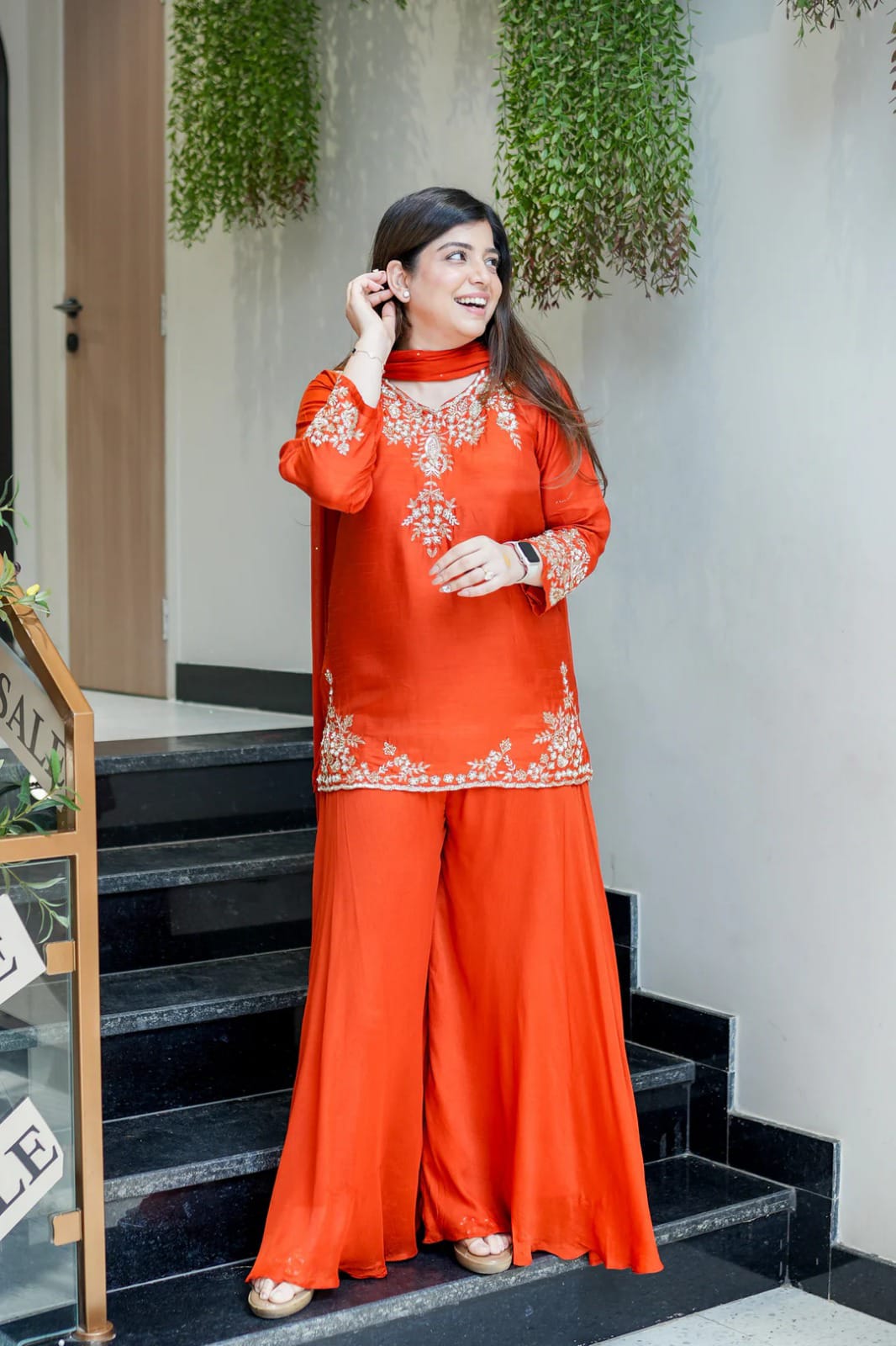 Women’s Orange Embroidered Kurta Palazzo Set with Dupatta