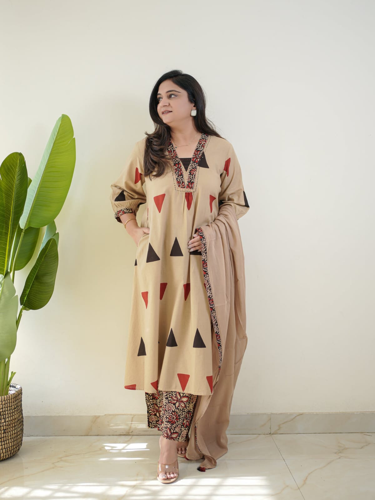 Beige Geometric Printed Kurta Set with Dupatta