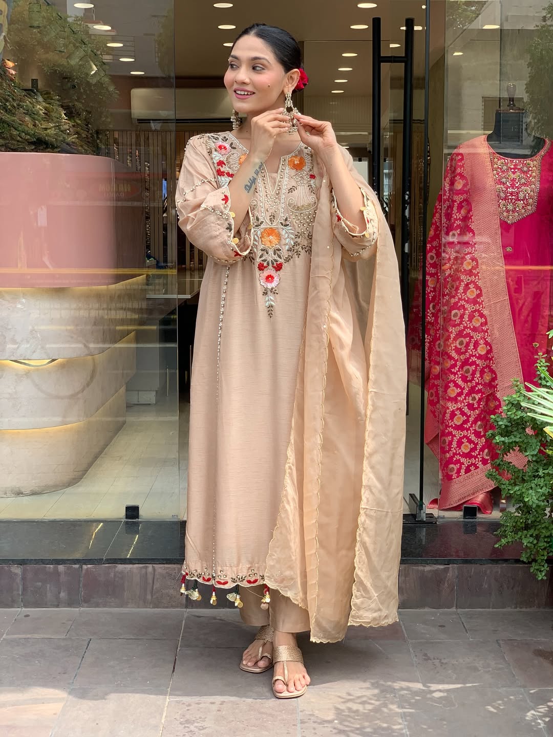 Elegant Beige Cotton Embroidered Kurta Set with Dupatta