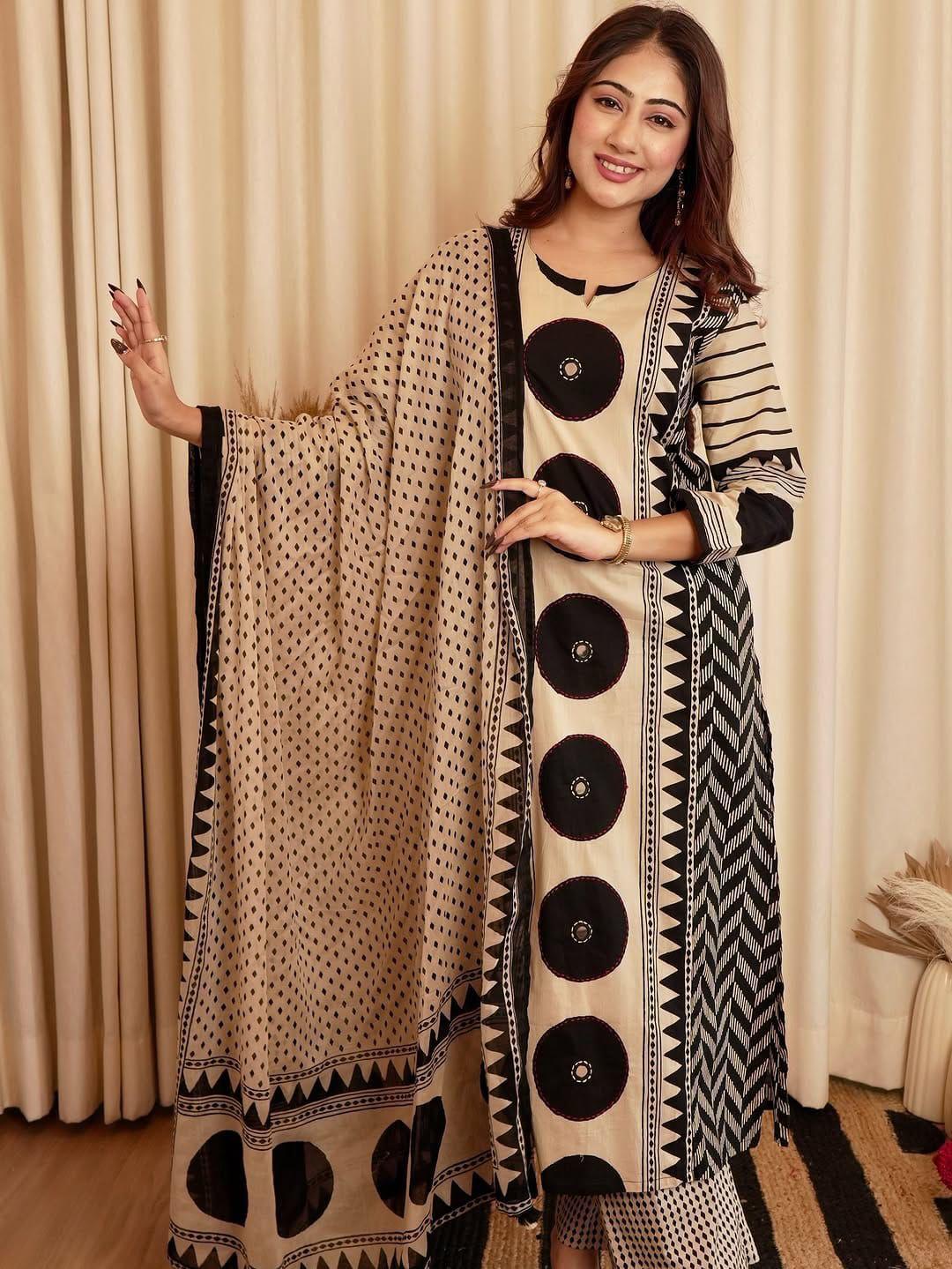 Beige & Black Printed Kurta Set with Dupatta for Women