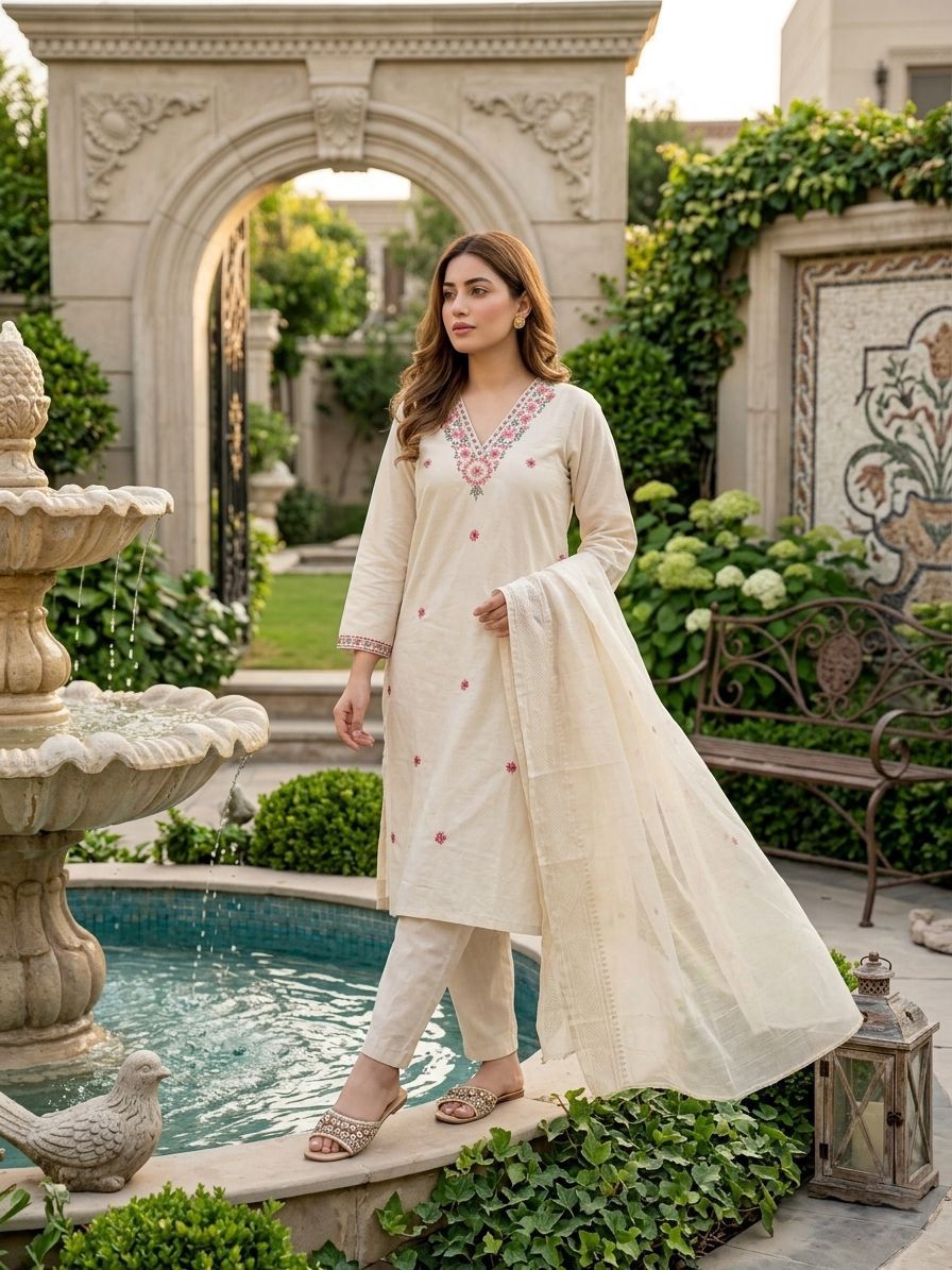 Khadi Cotton with Beautiful Embroidery Kurti pant with Dupatta