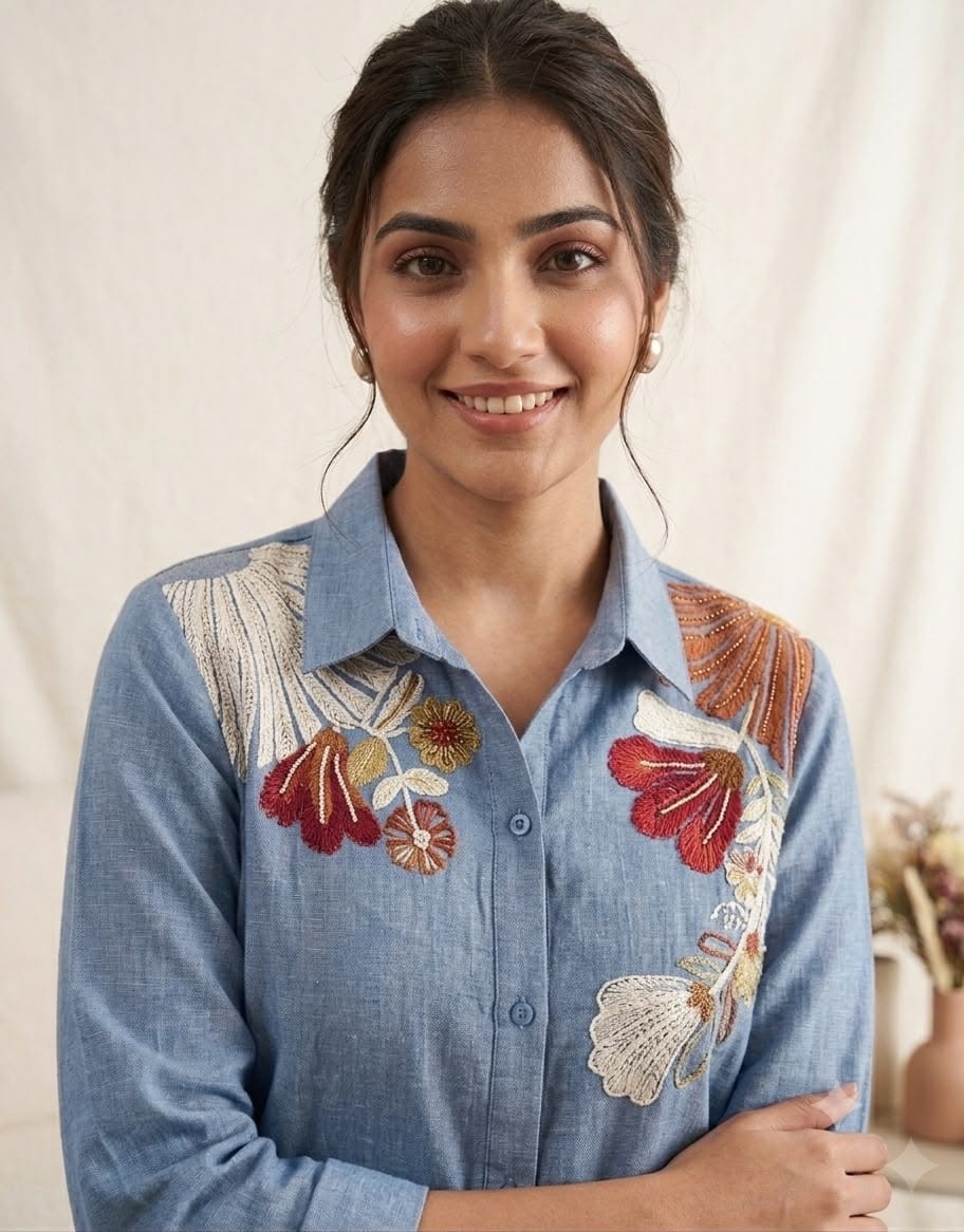 Women's Blue Floral Embroidered Co-Ord Set