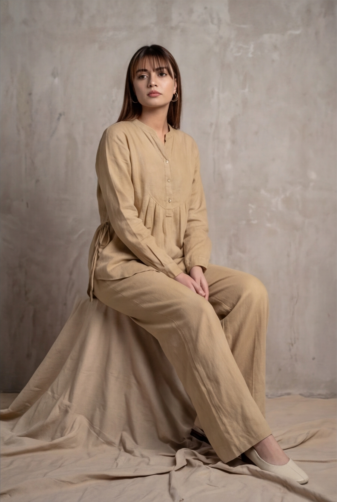 Women Cotton V-neck Two-piece Suit