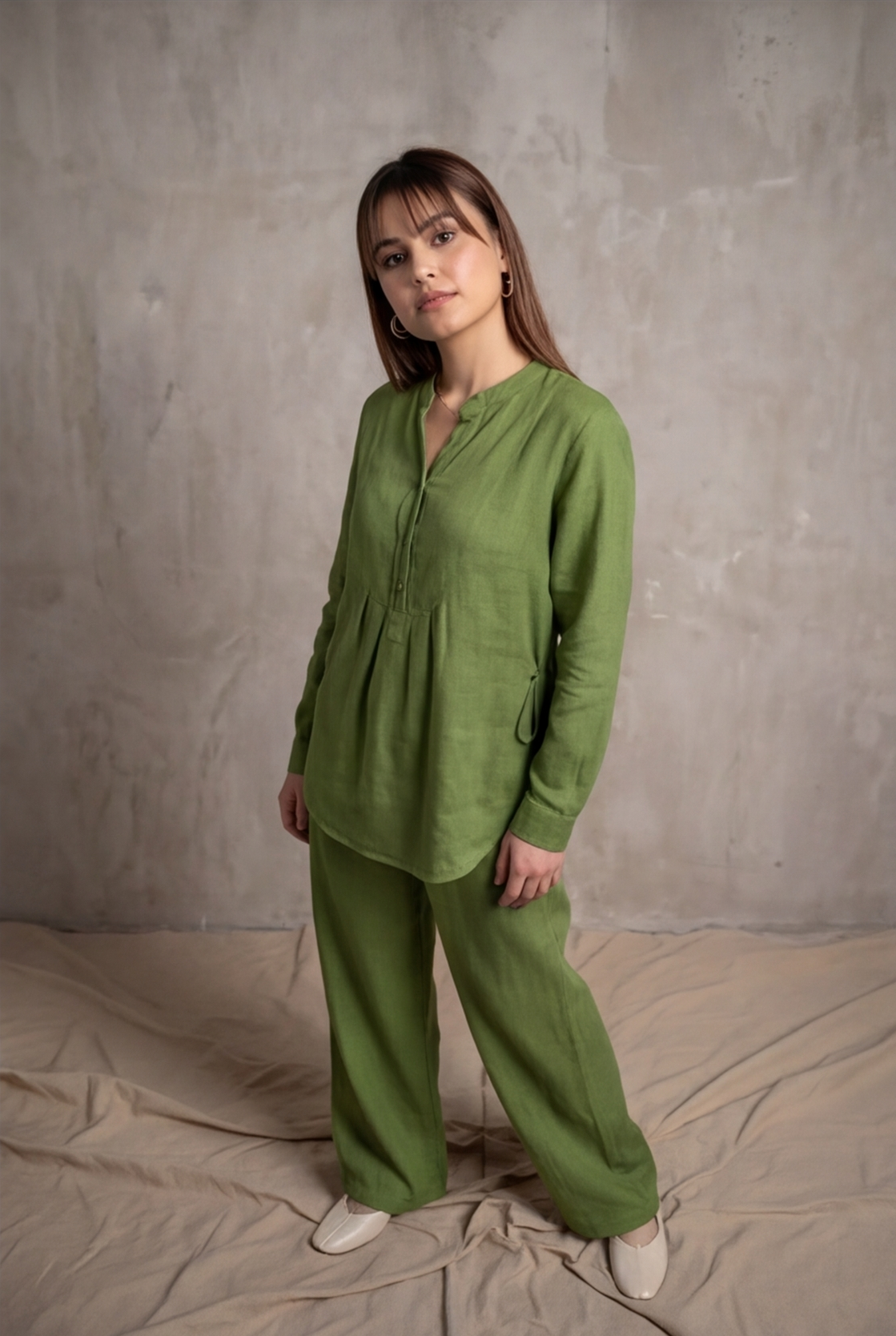 Women Cotton V-neck Two-piece Suit