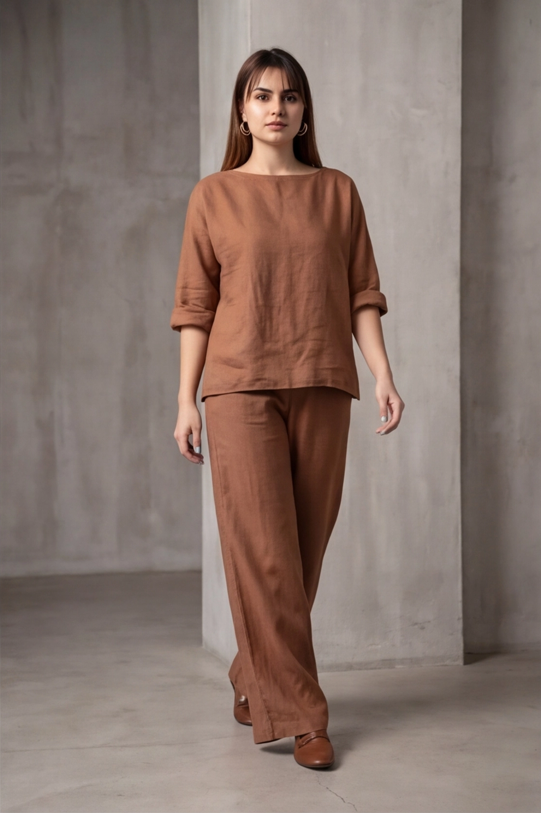 Women Round Neck Long Sleeve Side Pocket High Waist Wide Leg Trousers Set