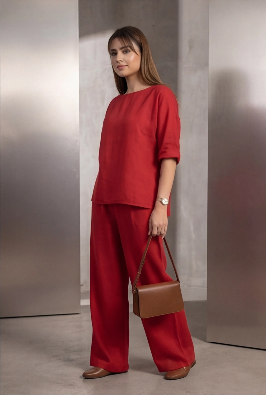 Women Round Neck Long Sleeve Side Pocket High Waist Wide Leg Trousers Set