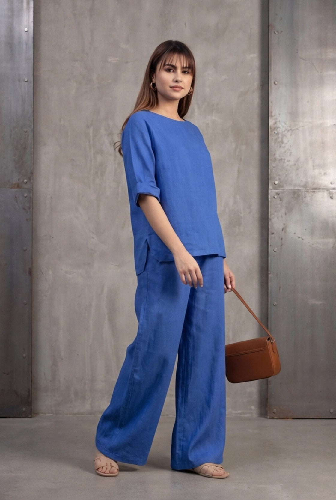 Women Round Neck Long Sleeve Side Pocket High Waist Wide Leg Trousers Set
