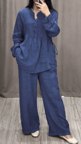 Women Cotton V-neck Two-piece Suit