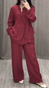 Women Cotton V-neck Two-piece Suit