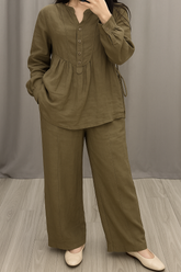 Women Cotton V-neck Two-piece Suit
