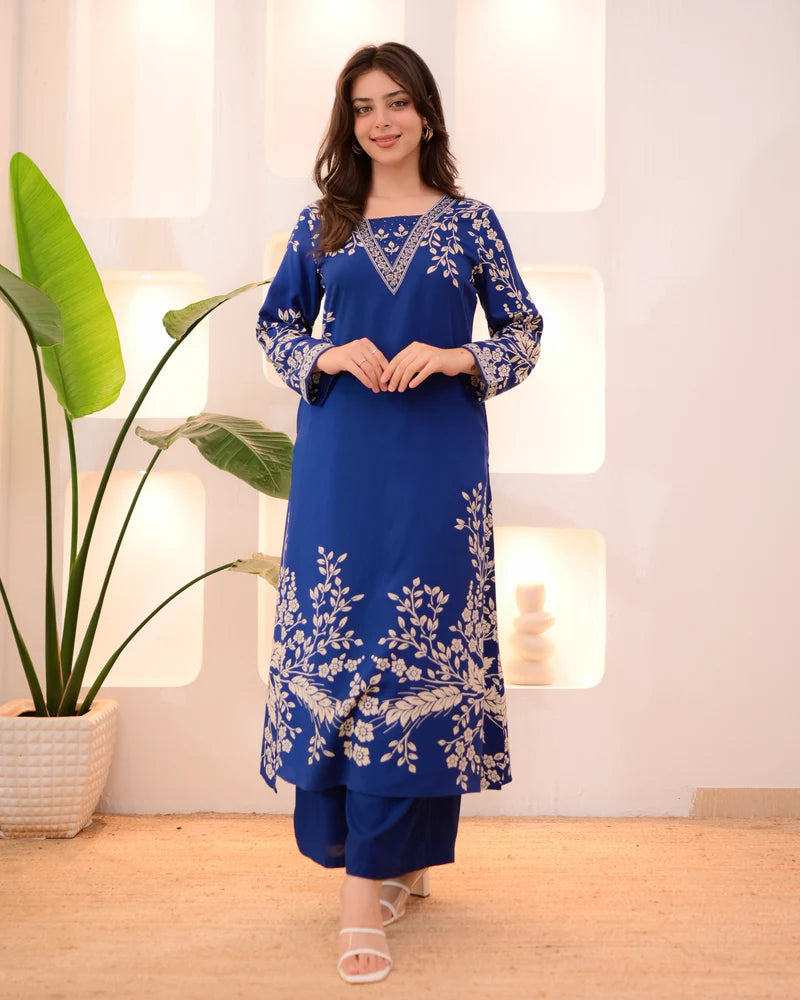 Blue Cotton A Line Kurta Palazzo Set