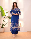 Blue Cotton A Line Kurta Palazzo Set