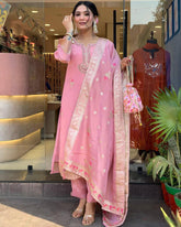 Pink Designer Kurta Pent And Dupatta Set