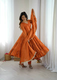 Elegant Orange Ruffle Gown Set – Real Mirror Work, Full Sleeves & Dupatta | Fully Stitched Ethnic Outfit