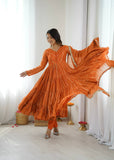 Elegant Orange Ruffle Gown Set – Real Mirror Work, Full Sleeves & Dupatta | Fully Stitched Ethnic Outfit