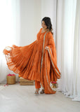 Elegant Orange Ruffle Gown Set – Real Mirror Work, Full Sleeves & Dupatta | Fully Stitched Ethnic Outfit