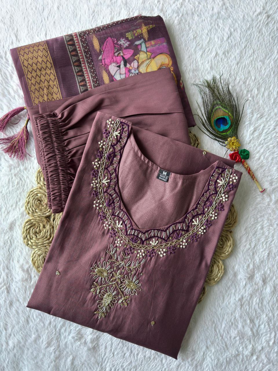 Wine Chanderi Cotton Suit Set