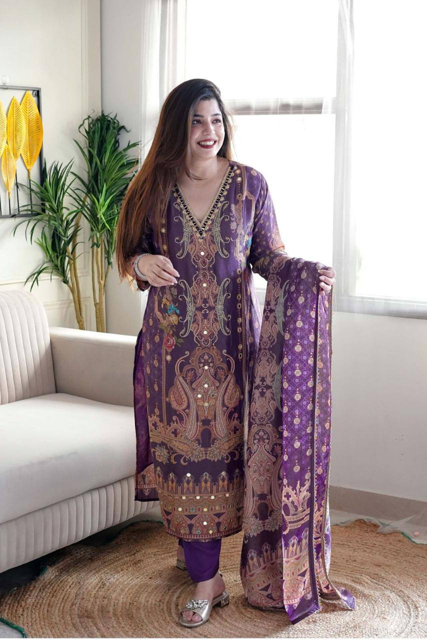 WOMEN EMBROIDERED WITH PRINT WORK SUIT SET