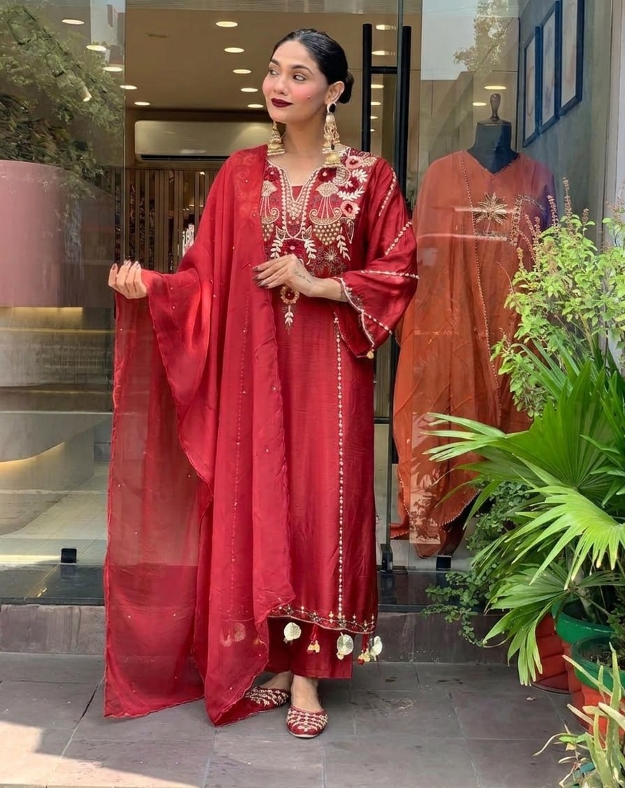Elegant Maroon Cotton Embroidered Kurta Set with Dupatta