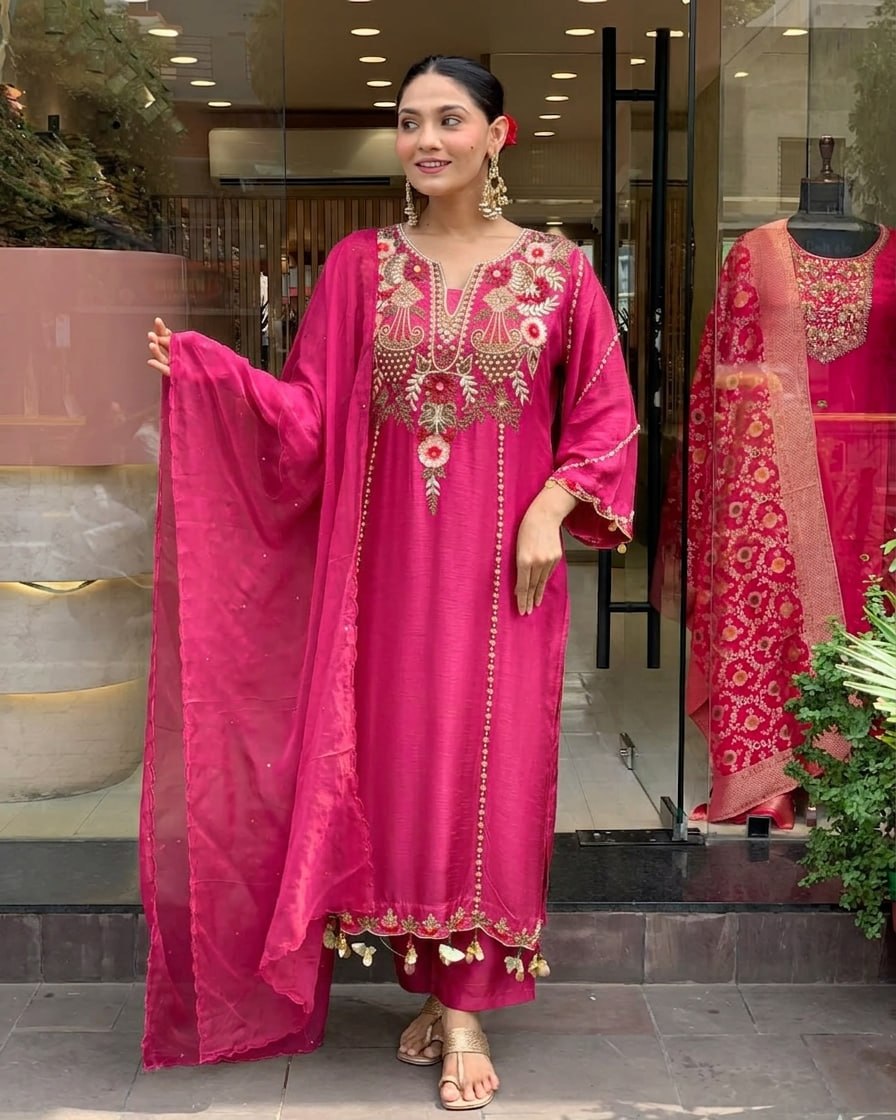Elegant Pink Cotton Embroidered Kurta Set with Dupatta