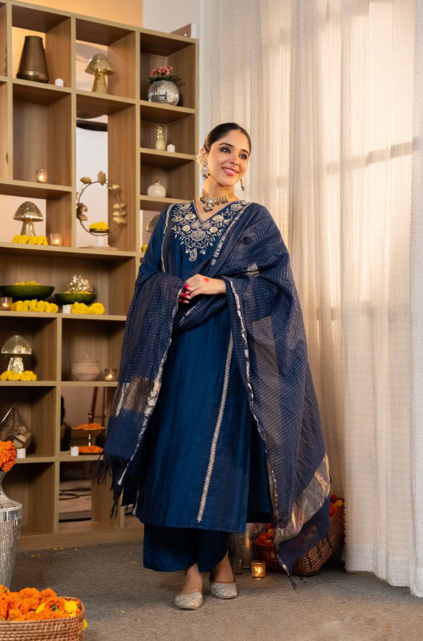 Magenta Blue V-neck Suit with Dupatta