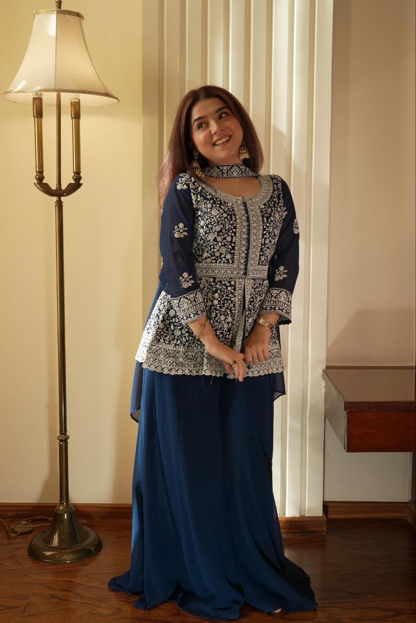 REAL MODLING OF EMBROIDERED PEPLUM TOP WITH PLAZZO PAIR