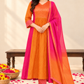 Orange & Pink Designer Printed Anarkali Suit Set with Striped Dupatta