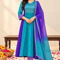 Women’s Teal Blue & Purple Designer Anarkali Suit Set with Dupatta