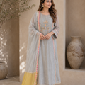 Elegant Embroidered Cotton Blend Kurta Set with Contrast Yellow Dupatta