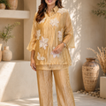 Champagne Three-D Floral Embellished Crinkle Co-Ord Set