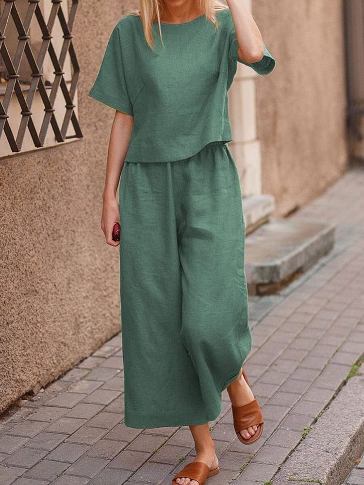WOMEN PLAIN CROP TOP & TROUSERS CO-ORDER SET