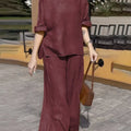Women Round Neck Long Sleeve Side Pocket High Waist Wide Leg Trousers Set