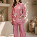 Champagne Three-D Floral Embellished Crinkle Co-Ord Set